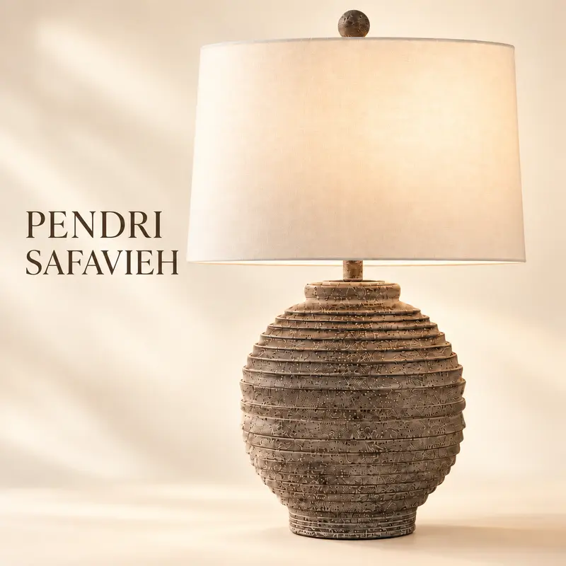 SAFAVIEH Pendri 24" Sculptural Table Lamp, Ribbed Gray-Brown Resin Base & White Drum Shade, Organic Modern Decor, Bulb Included