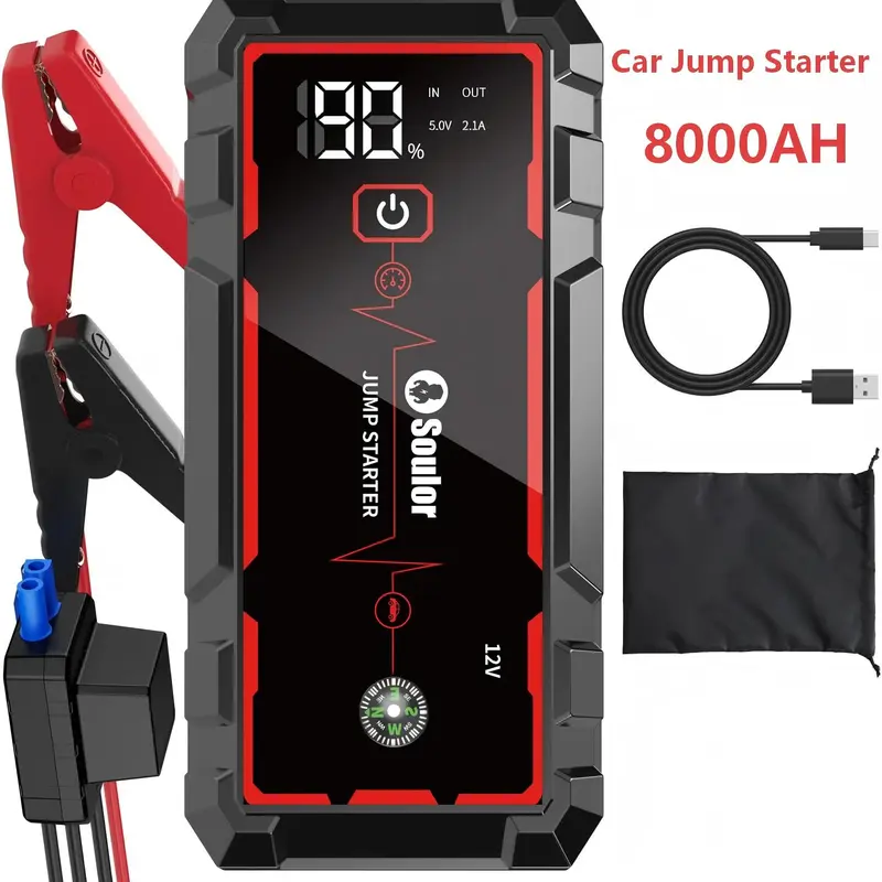 Car Jump Starter 12V 8000mAh, Soulor Portable Car Battery Jump Starter & Emergency Battery Booster Pack with Smart Jumper Cables, LCD Display, LED Flashlight & USB Fast Charging for Gas & Diesel Vehicles #tiktokshopstockup