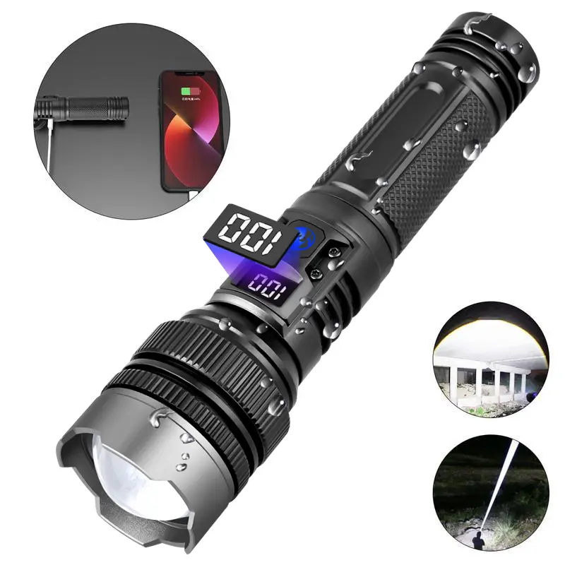 Multifunctional Flashlight-Power Bank, USB Rechargeable Flashlight, Digital Power View for Less Guesswork, Zoomable, 4X Waterproof, Adjustable Brightness, Campsite-Ready Backup Light, Phone-Charging Accessory, Black Outdoor Emergency Tool