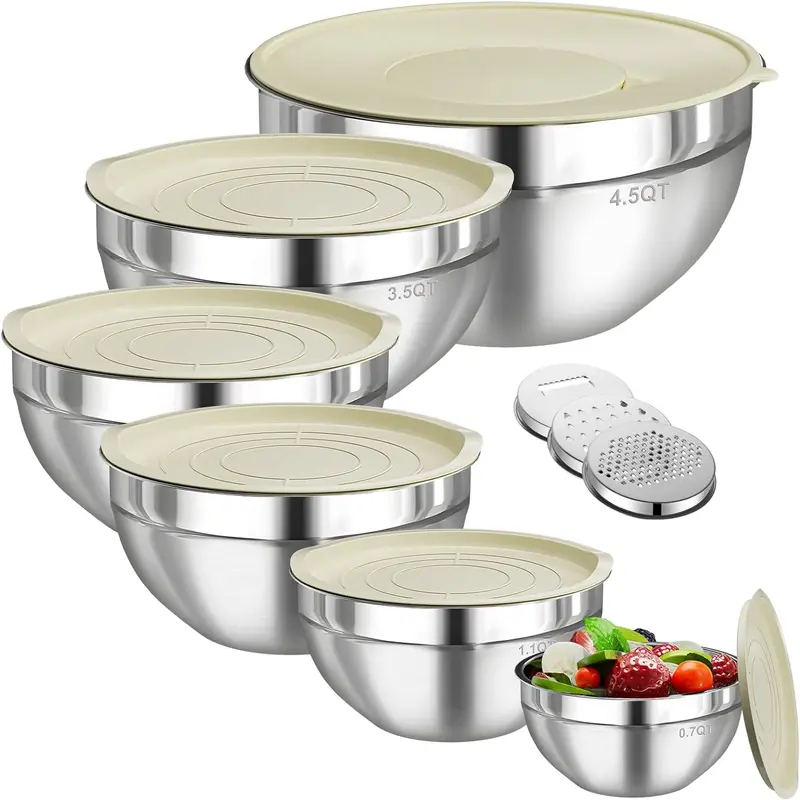Classic Round 6-Piece Eco-Friendly Durable Stainless Steel Nesting Mixing Bowls Set with Lids, 3 Grater Attachments, 4.5/3.5/2.1/1.5/1.1/0.7QT, Ergonomic, Dishwasher Safe, Space-Saving Kitchenware for Adult Food Prep, Mix Dough, Veggies, Soups