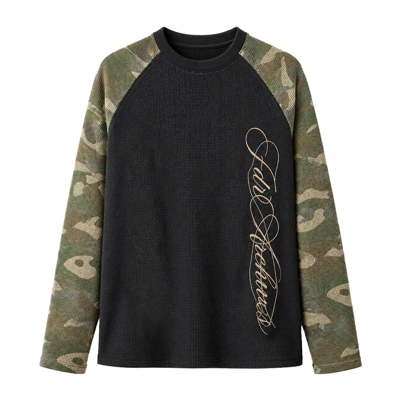 FDR Unisex Camo Colorblock Raglan Long Sleeve Top, Script Graphic Contrast Sleeve Sweatshirt with Vintage Y2K Streetwear Style