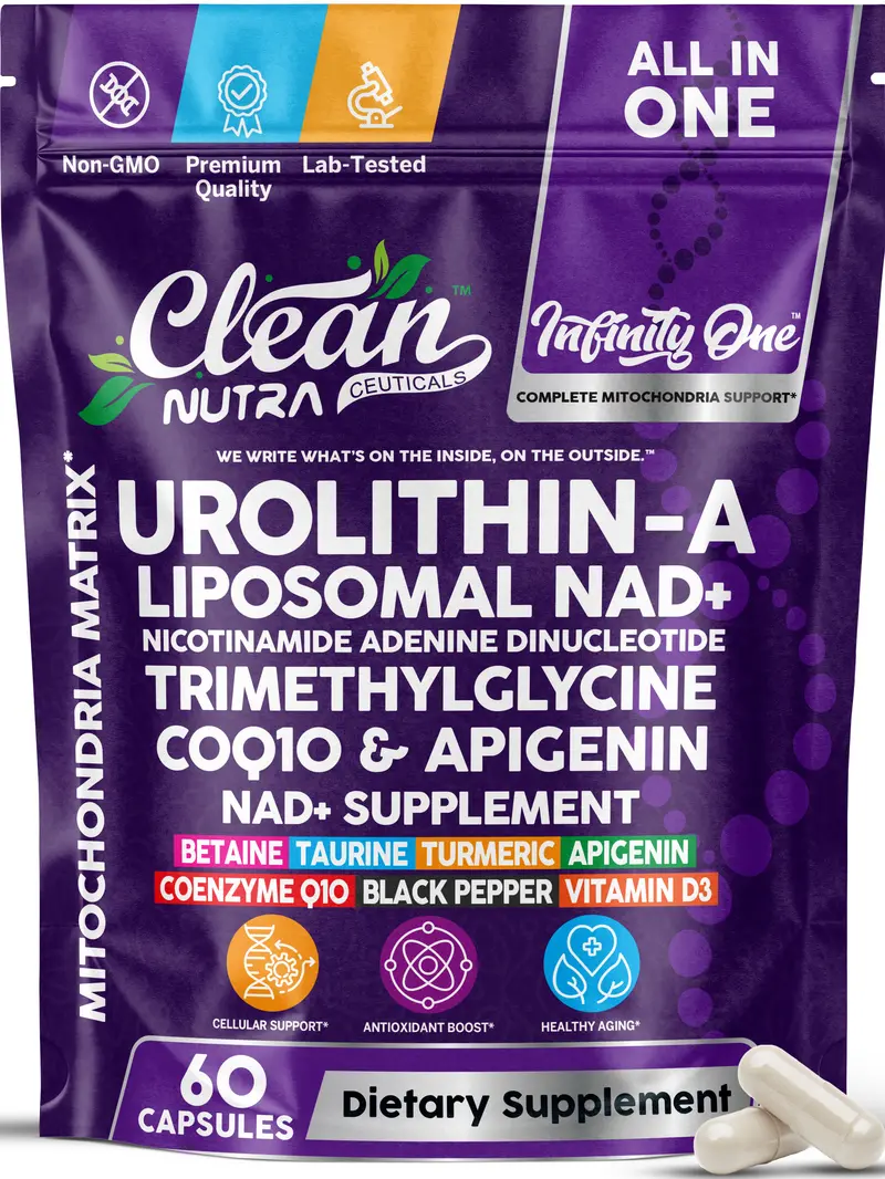Urolithin A 250mg + NAD+ CoQ10 TMG Apigenin – Healthy Aging Cellular Energy Mitochondria Supplement – NAD Supplement – 60 Capsules – Clean Nutra Infinity One - Trending Highest Engagement TikTok Shop Products Product August 2026