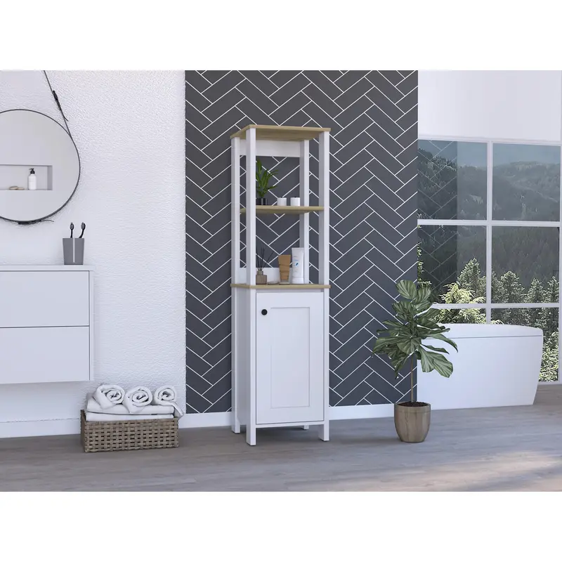 Tall Bathroom Storage Cabinet with Single Door and Two Open Shelves, Light Oak Finish, 15.7 x 15.7 x 59.3 Inches
