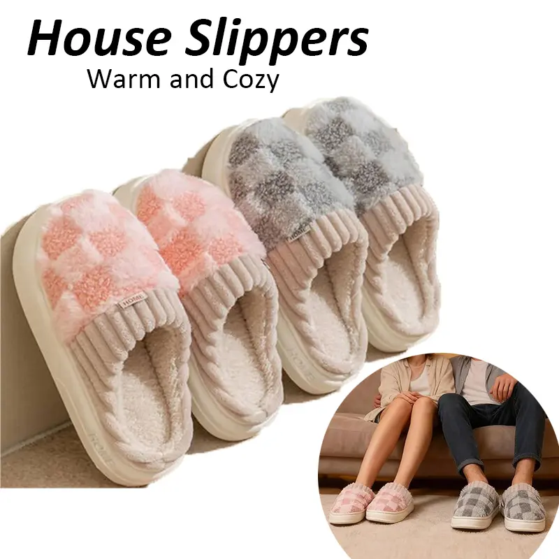 Women's Checkered Print Slippers, Cozy Plush Platform Slides with Soft Lining, Warm Slip On House Shoes with Rubber Outsole, Anyone Looking For Comfortable, Warm, And Stylish House Shoes, Synthetic Fiber, Indoor Wear, Thick Padding, House Slipper - Trending Highest Engagement TikTok Shop Products Product August 2026