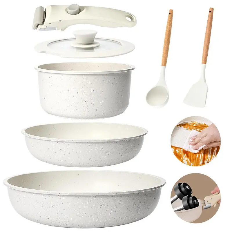 7-Pieces Nonstick Cookware Set with Lids - Detachable 1-Second Lock Handle, PFAS-Free Ceramic Coating, Light Beige, Stackable Space-Saving, Induction Compatible, Oven-Safe, Silicone Utensils Included (Back-to-School Skillet & Pots and Pans Cooking Kit), S