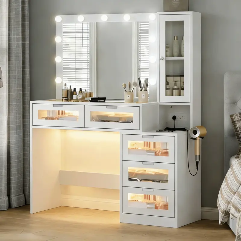 SohoChic PUNICE White Lighted Vanity Table - LED Powered Bedroom Furniture, Adjustable 3 Lighting Modes, Tempered Glass Top, Side Cabinet, Power Outlets for Hair Tools, Drawer Glow, Storage, Assembly Required