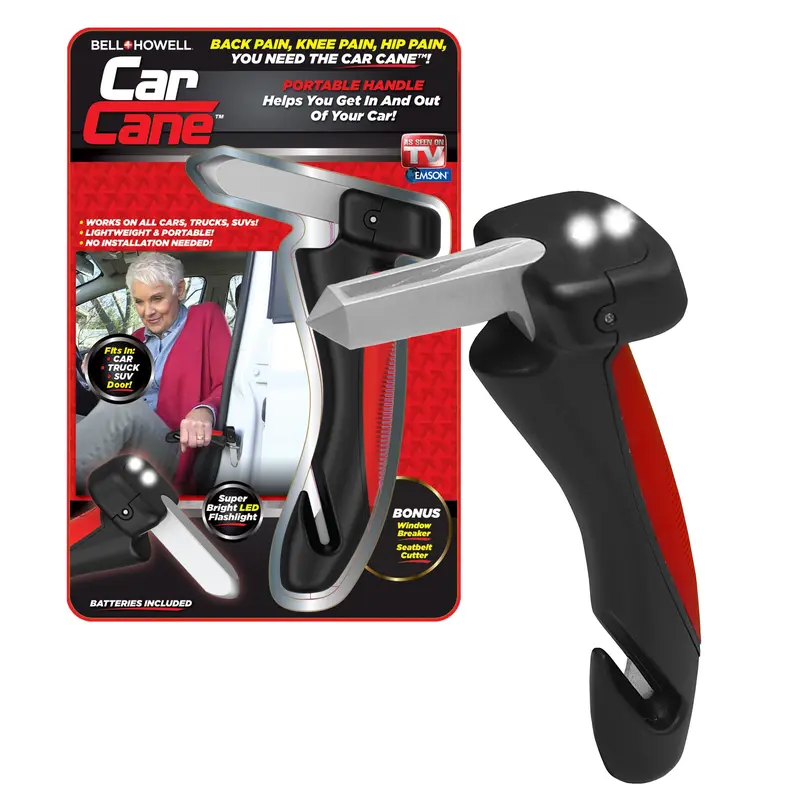 Car Cane, All-in-One Car Cane Door Handle and Mobility Aid with Built in LED Flashlight, Window Breaker Seatbelt Cutter, Car Handle Assist for Elderly and Car Emergency Tool- Batteries Included