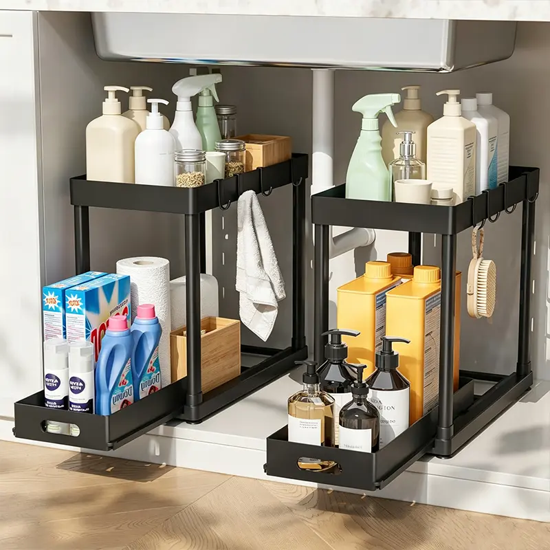 Under Sink Organizer 2 Pack, Bathroom Cabinet Organizer, 2 Tier Sliding Cabinet Basket Organizer Drawer, Multi-Purpose Bath Collection Baskets for Bathroom