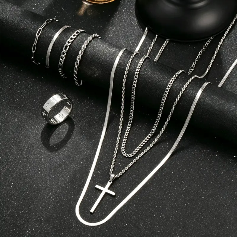 8pcs Fashionable Stainless Steel Jewelry Set for Men, Including Bracelets, Necklaces, And Rings - Perfect for Everyday Wear. Accessories Set