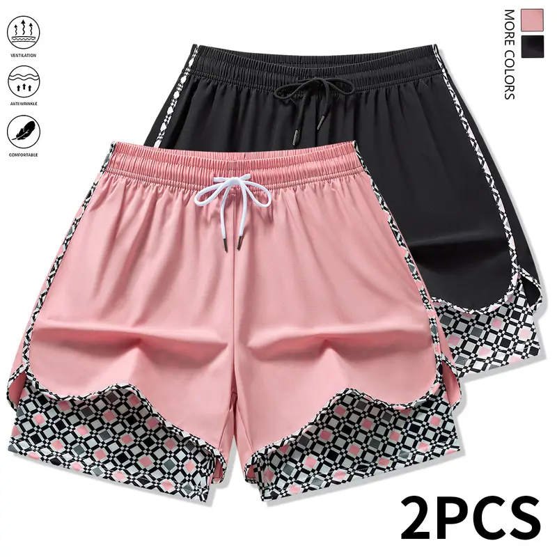 2 pieces, women’s casual athletic shorts, elastic waistband with drawstring, lined, suitable for outdoor workouts, running, sports, and casual wear; women’s shorts, summer shorts, summer clothing,summervibes