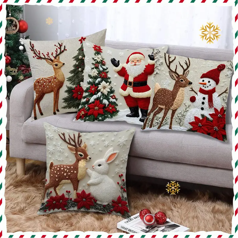 Unisex Super Soft Square Short Plush Christmas Throw Pillow Set (4 Pcs) - Santa+Bunny Mix, Reindeer Designs - Yule Aesthetic Home Goods, House Decor, Living Room Decor, Festive Party Supplies
