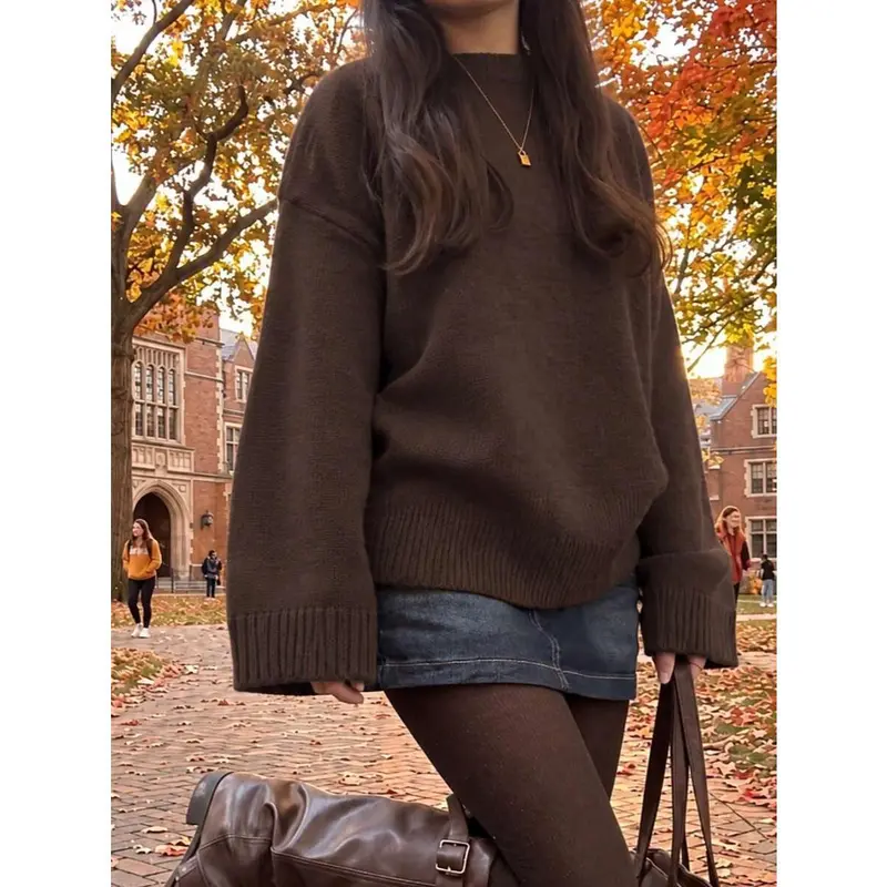 Women's Round Neck Dropped Shoulder Knit Sweater, Loose Fit Solid Color Basic Pullover, Vintage Style, Suitable For Commute, Campus, Daily Occasions