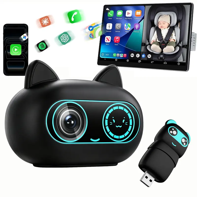 In-Car Baby / Pet Monitor & Wireless CarPlay Adapter: Enjoy 1080P HD Video, Glare-Free Night Vision, and a 150° Ultra-Wide-Angle View (Screen Not Included)