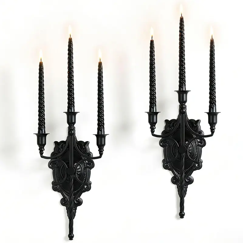 Miganest 2-Pack Wall-Mount Gothic 3-Arm Metal Sconces - Victorian Wrought Iron Taper Candle Holders with Fleur-de-lis, Vintage Backplate, Black Antique Iris Ornaments for Halloween Decorations, Bedroom Decor, Bathroom Decor, Home Goods Anniversary Accents