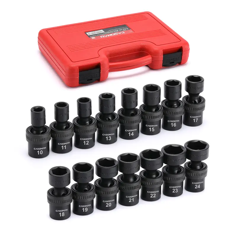 CASOMAN 15-Piece 1/2" Drive 6-Point Bite Grip Metric Swivel Socket Set, 10-24mm Flex Design, Chromium-Molybdenum Steel, Corrosion-Resistant Finish, High-Contrast Size Marking, Heavy-Duty Impact Wrench Mechanic Tool for Industrial Metal Work