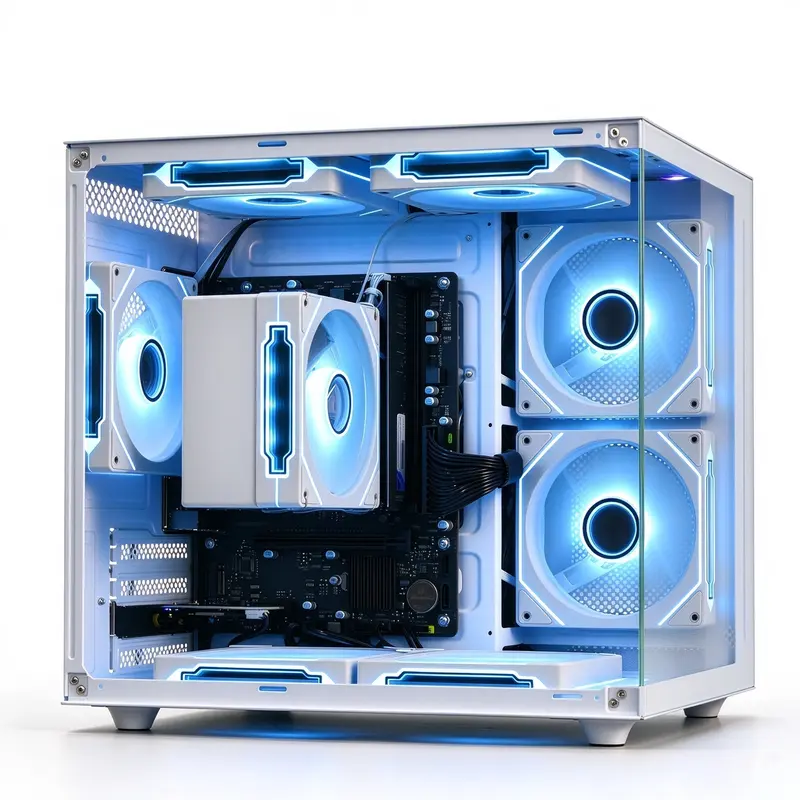 QE100B White Gaming PC, AMD Ryzen 5 3400G, B450 Motherboard, 16GB DDR4, 256GB NVMe SSD, V900 ATX Case, ARGB Fans, Prebuilt Desktop Computer for Gaming & Work