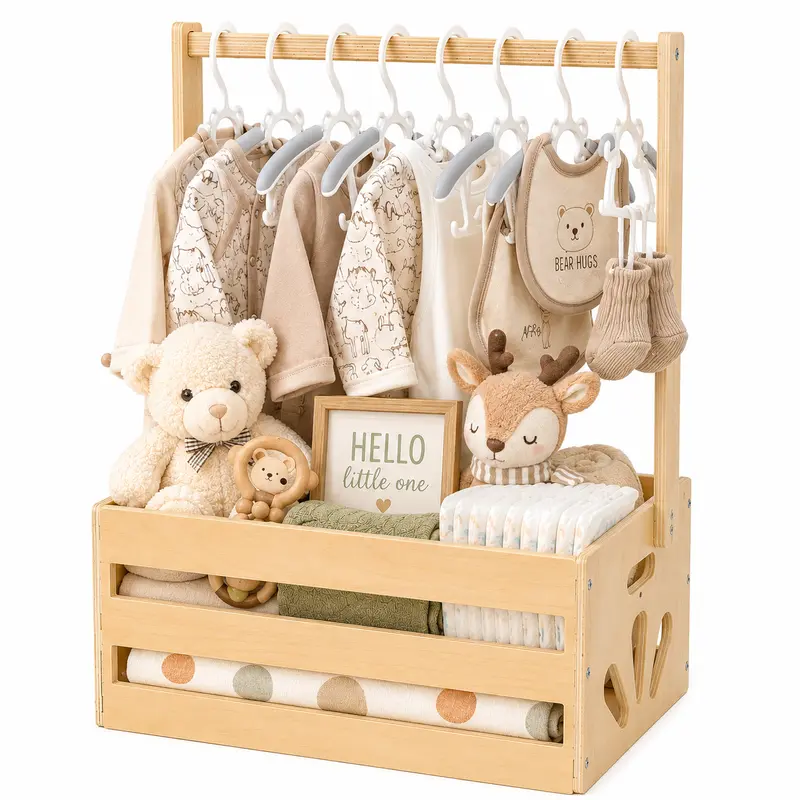 Wooden Baby Shower Gift Basket with Hanging Rack, Baby Clothes & Nursery Storage Crate, DIY Newborn Gift Hamper for Boys & Girls, Gift for New Parents