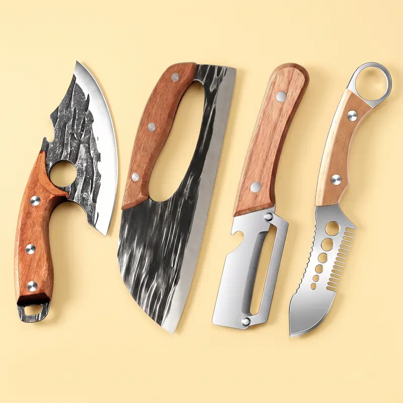 [Black Friday Sale] Hand Forged Carbon Steel Kitchen Knives Set (2/4Pcs) with Ultra Sharp Meat Cleaver, Peeler, Fish Scale Scraper, Non-Slip Wood Handle, Kitchenware for Home Kitchen Prep, Hand Wash Only, Knives Kitchen Set