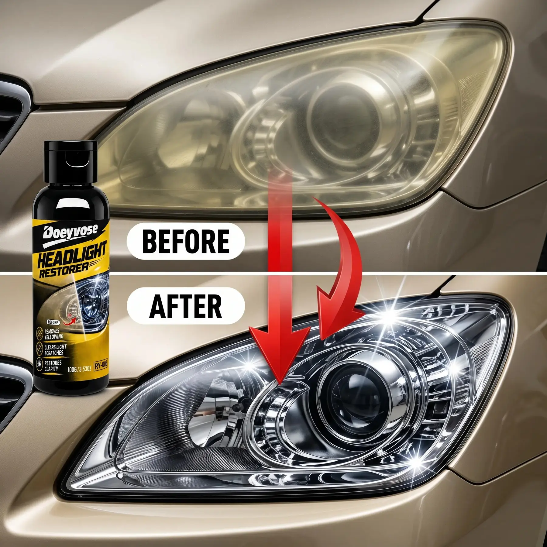 Headlight Restoration Polish for Cars, Removes Stains and Restores Clarity, Suitable for Most Vehicles, Easy-to-Apply Formula for Surface-Level and Deeper Blemishes, Automotive Detailing Product
